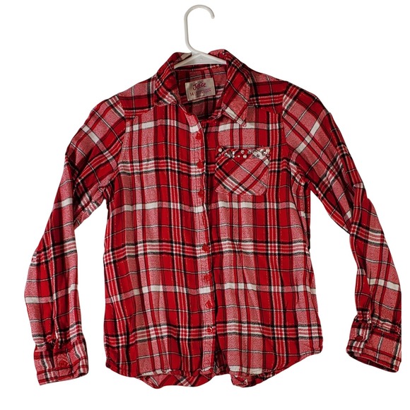 Justice Other - Justice Red Plaid Sparkle Flannel Shirt Kids Size 14 Embellished Pocket‎